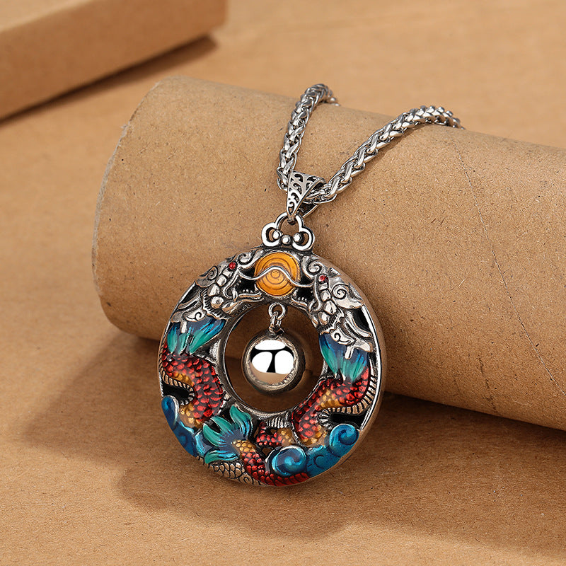 Year of the Dragon Colorful Double Dragons Playing Bead Copper Protection Necklace Pendant