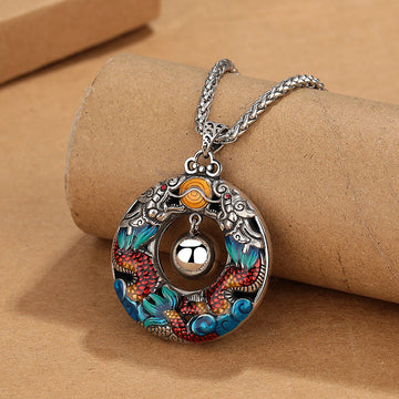 Year of the Dragon Colorful Double Dragons Playing Bead Copper Protection Necklace Pendant