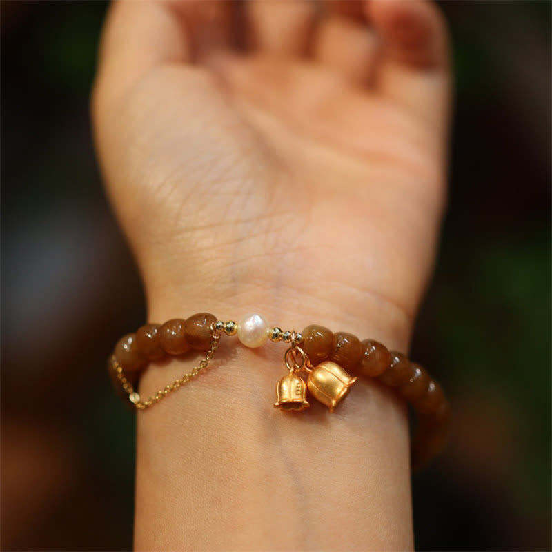 Natural Hetian Jade and Pearl Lily of the Valley 925 Sterling Silver Gold Plated Charm Bracelet