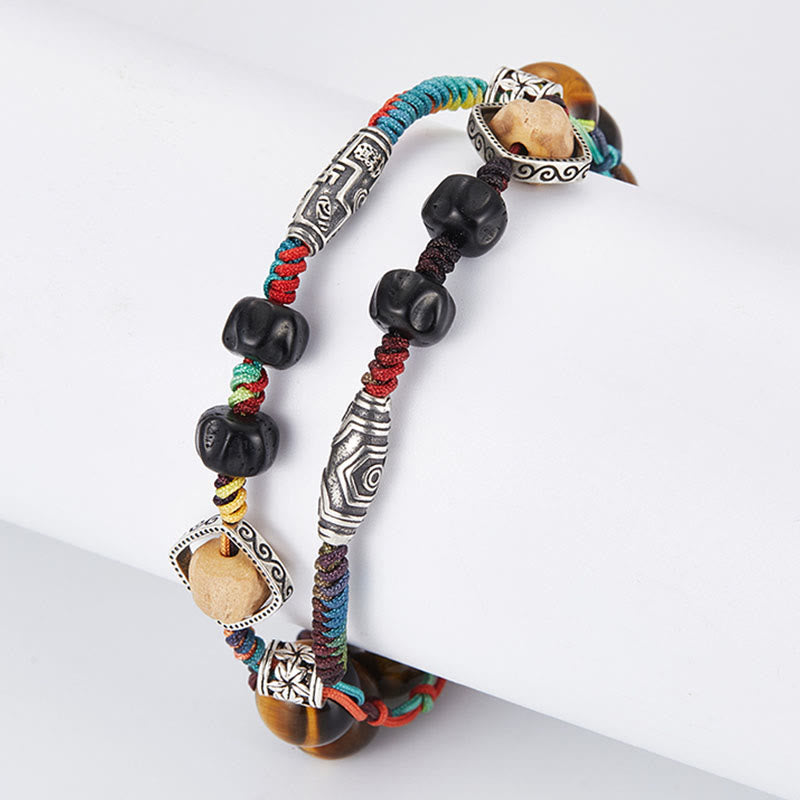 Handmade Tiger's Eye, Bodhi Seed & Coconut Shell 925 Sterling Silver Beaded Bracelet