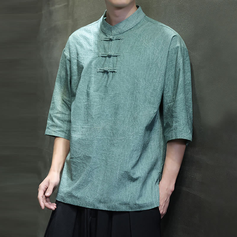 Cotton Linen Half-Sleeve Stand Collar Meditation Shirt