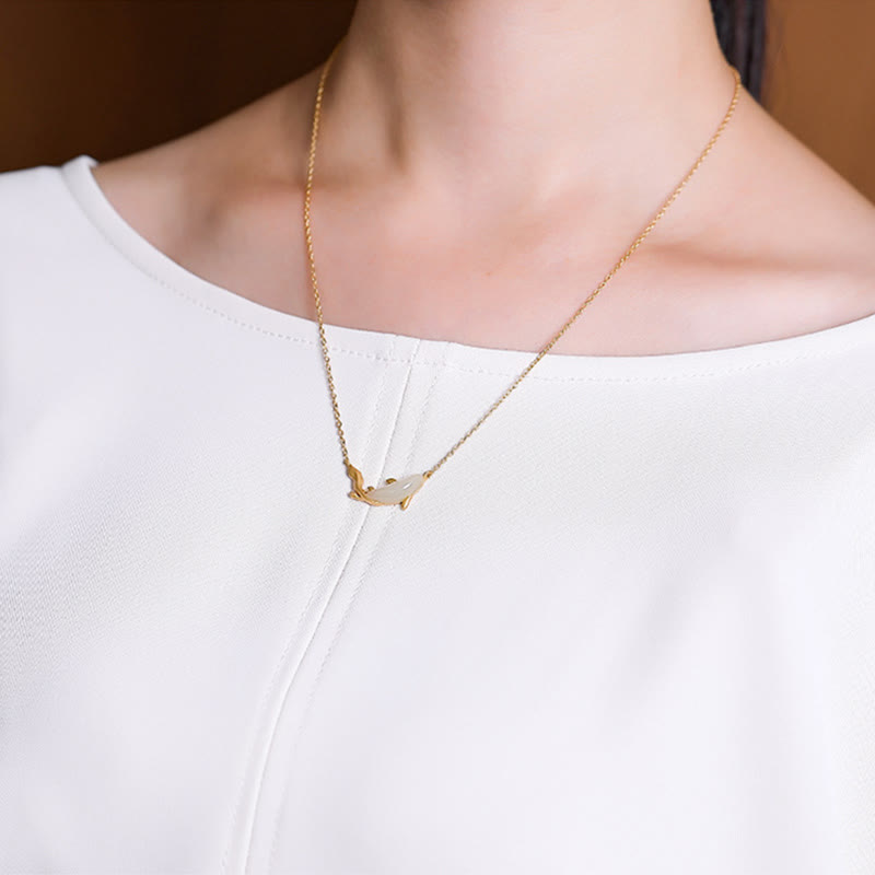 925 Sterling Silver White Jade Dolphin Luck Necklace Pendant