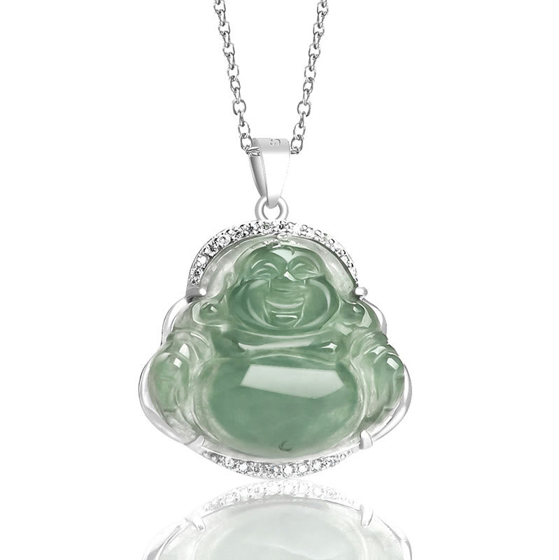 925 Sterling Silver Laughing Buddha Natural Jade Luck Prosperity Necklace Chain Pendant