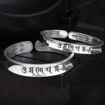 999 Sterling Silver Om Mani Padme Hum Heart Sutra Love Peace Bracelet Bangle