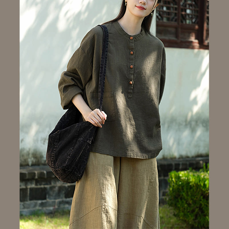 Solid Color Loose Button Blouse Long Sleeve Shirt Top