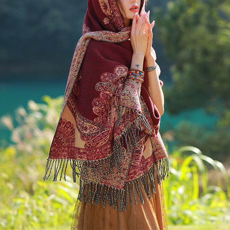 Tibetan Vine Leaves Pattern Design Shawl Cozy Travel Scarf Wrap