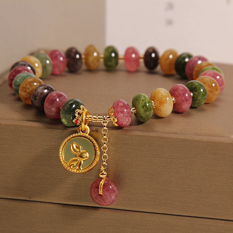 Natural Colorful Tourmaline Cute Rabbit Charm Positive Bracelet