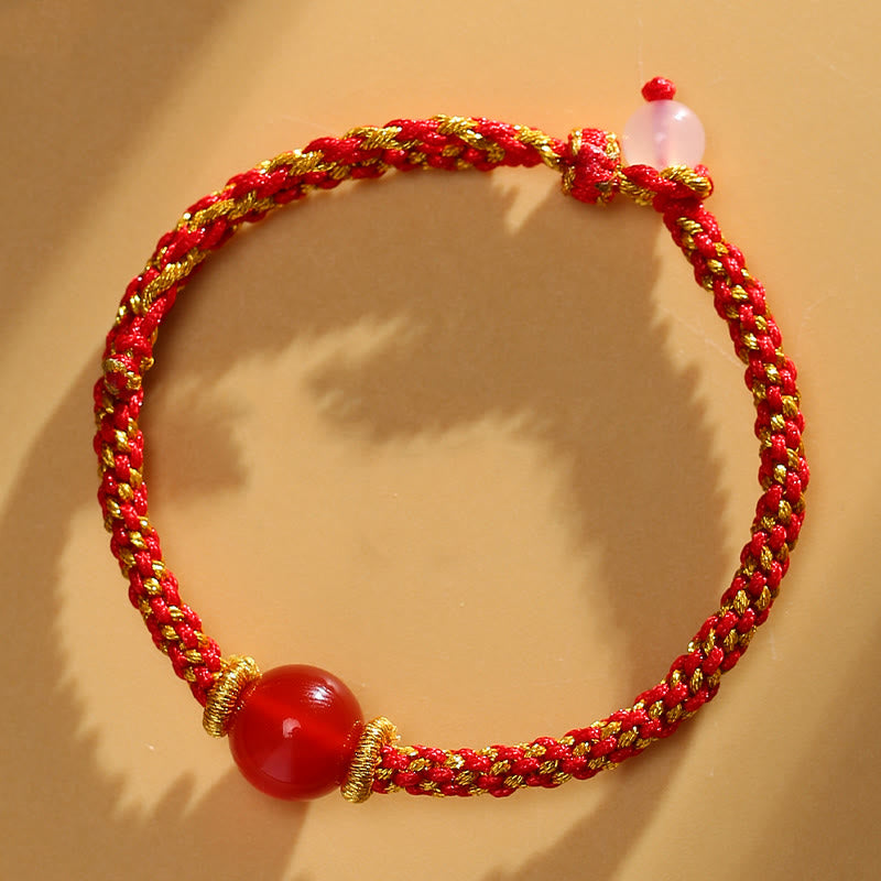 Handmade Red Agate Amethyst Golden Rutilated Quartz Pink Crystal Bead Calm Braided Bracelet
