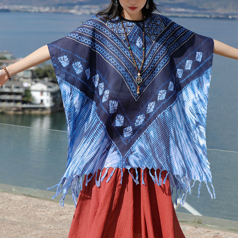 Soft-Touch Blue Geometric Batik Meditation Pullover Shawl