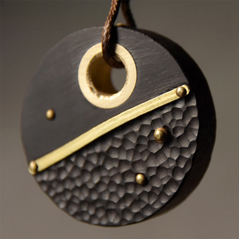 Handcrafted Round Ebony Wood Brass Copper Peace Necklace Pendant