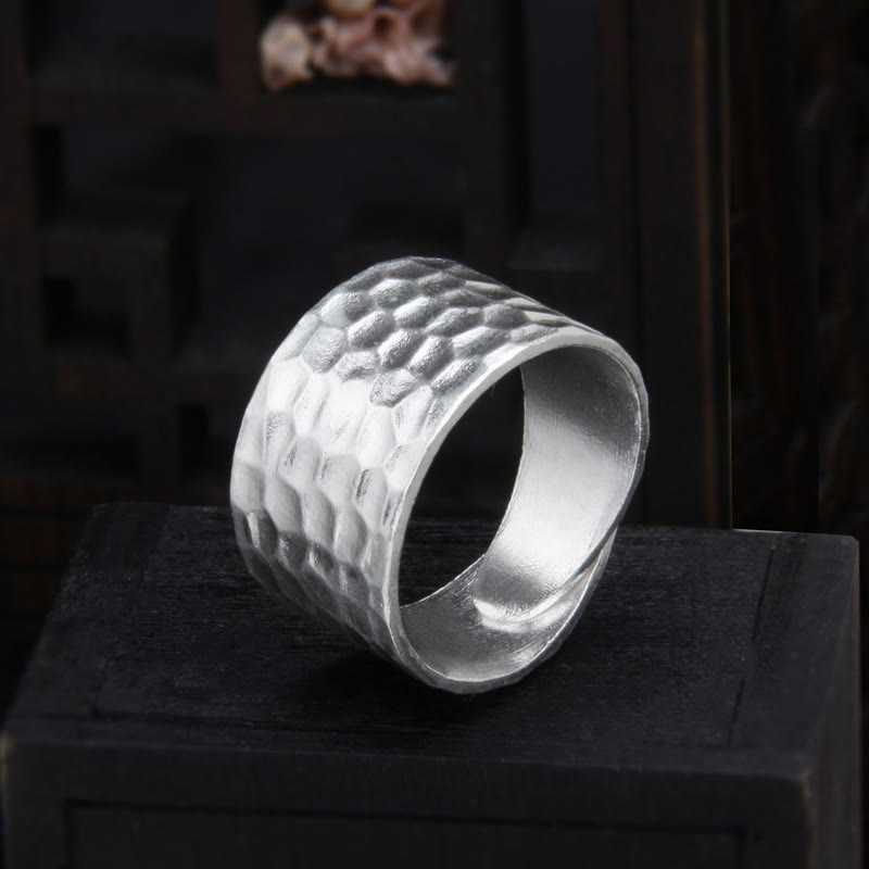 Tibetan 990 Sterling Silver Handmade Rustic Hammered Pattern Ring
