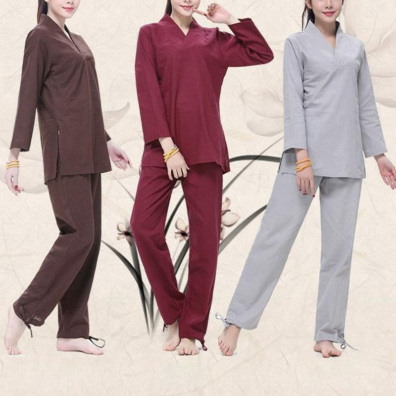 Zen Practice Yoga Meditation Prayer V-neck Design Uniform Cotton Linen Clothing Women's Set