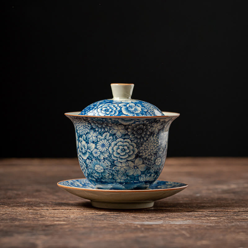 Vintage Blue And White Porcelain Peach Blossom Lotus Peony Ceramic Gaiwan Sancai Teacup Kung Fu Tea Cup And Saucer With Lid