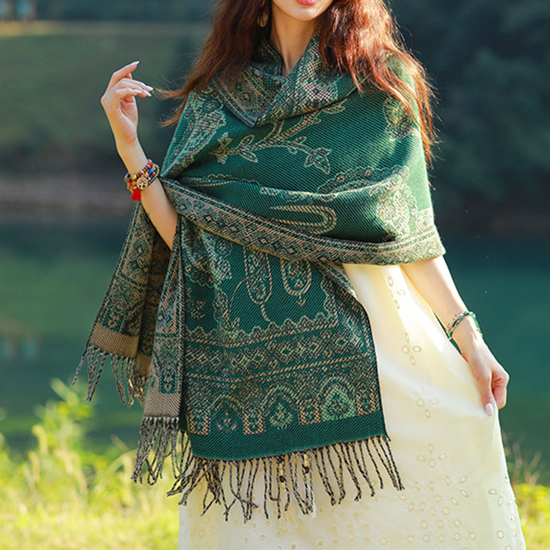 Vintage Tibetan Leaves Pattern Design Shawl Cozy Travel Scarf Wrap