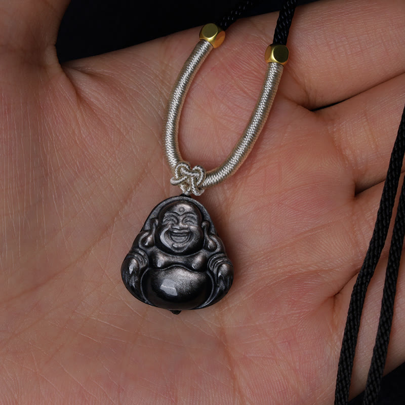 Natural Silver Sheen Obsidian Laughing Buddha Protection Necklace Pendant
