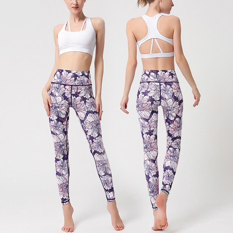 Colorful Flower Petal Leaves Print Sports Exercise Fitness High Waist Leggings Women's Yoga Pants
