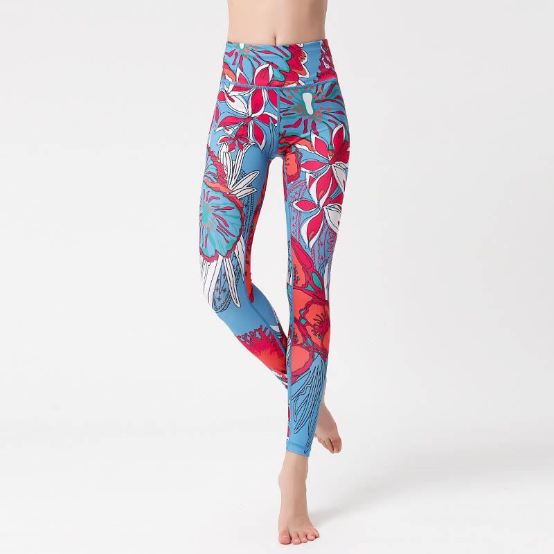 Colorful Flower Petal Leaves Print Sports Exercise Fitness High Waist Leggings Women's Yoga Pants