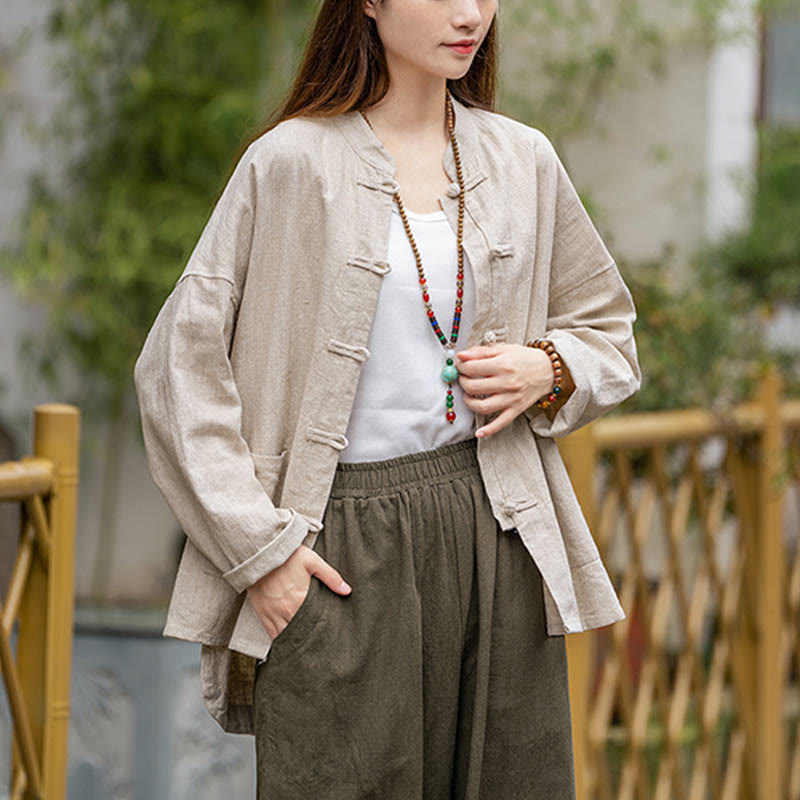 Frog-Button Design Shirt Tai Chi Meditation Top Clothing Ramie Linen Jacket