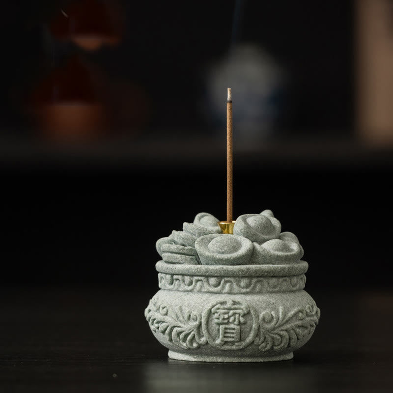 Goldstone Sycee Ingot Incense Burner with Fu Symbol Desk Meditation Tool