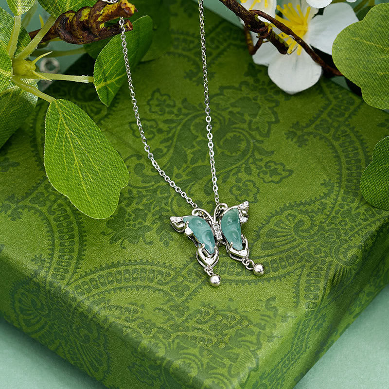 925 Sterling Silver Green Jade Butterfly Luck Necklace Pendant