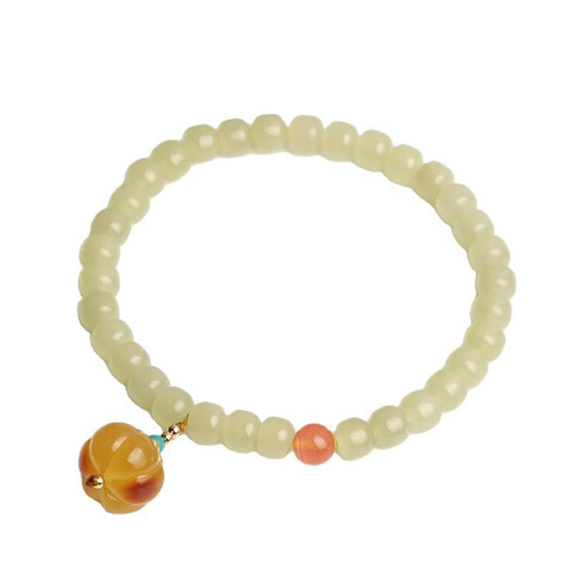 Natural Hetian Jade Amber and Red Agate Pumpkin Carved Gemstone Bracelet
