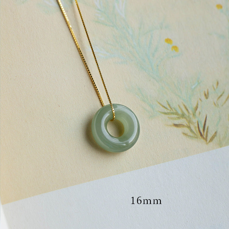 Natural Round Jade Ping An Kou 925 Sterling Silver Gold Plated Pendant Necklace