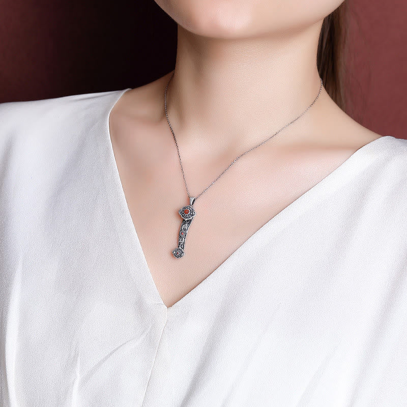 925 Sterling Silver Red Agate Cyan Jade Auspicious Clouds Ruyi Handle Blessing Necklace Pendant