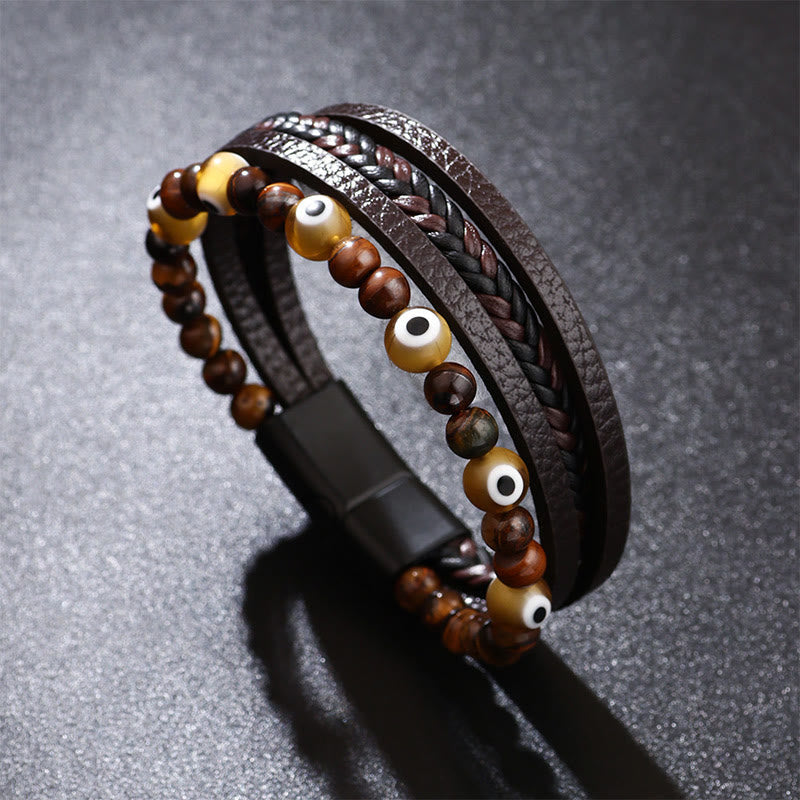 Evil Eye Tiger Eye Protection Beaded Multilayered Braided Bracelet