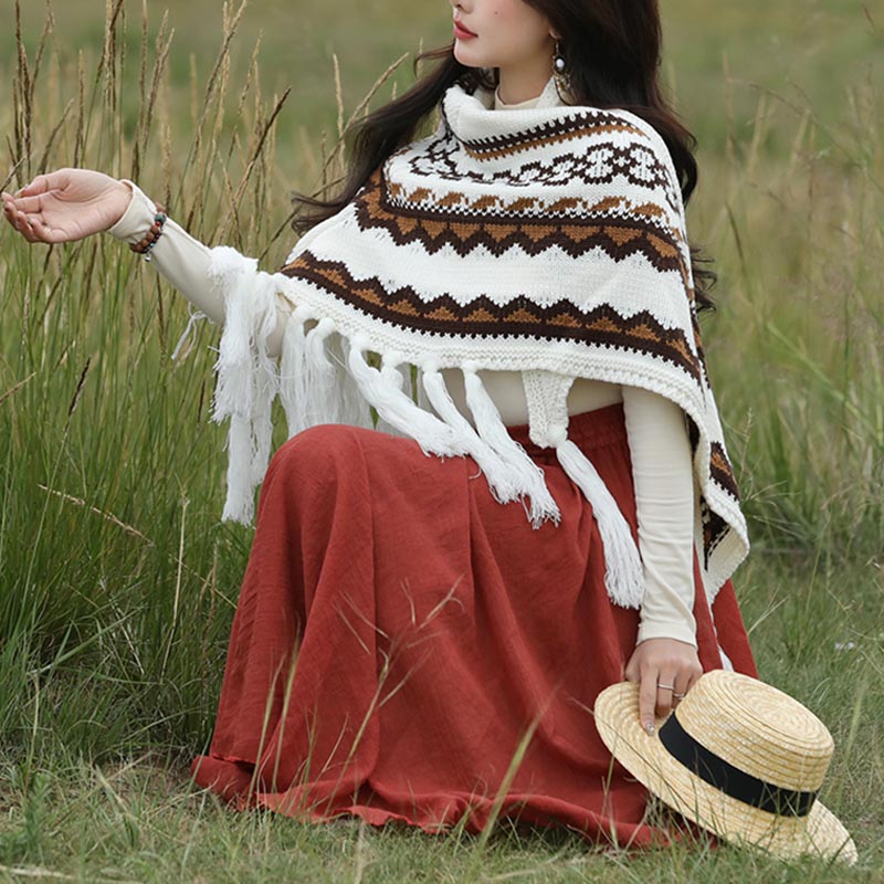 Tibetan Triangular Shawl Striped Tassels Winter Cozy Travel Scarf Wrap