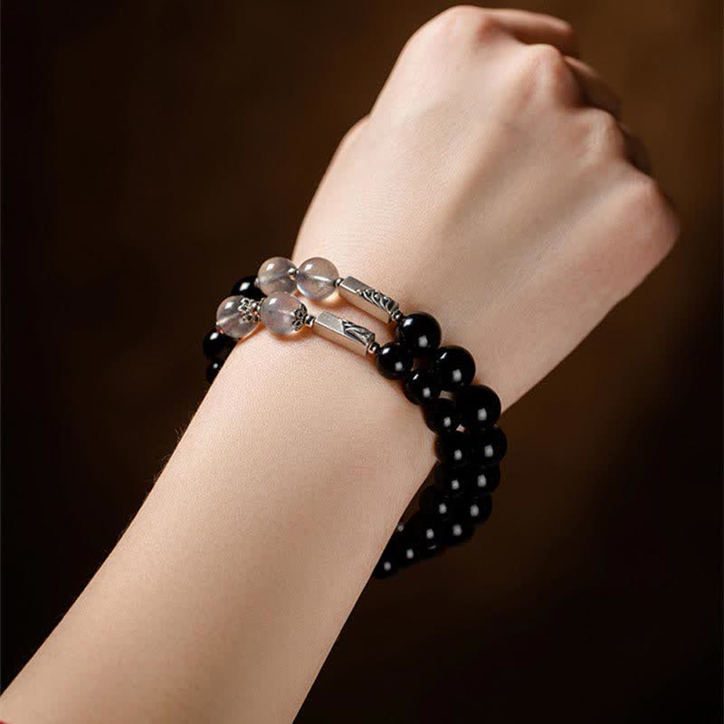 925 Sterling Silver Black Obsidian and Moonstone Beaded Couple Bracelet Set