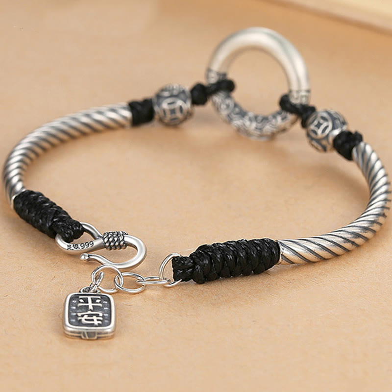 999 Sterling Silver Fu Character Peace Buckle Copper Coin Auspicious Clouds Fortune Bracelet
