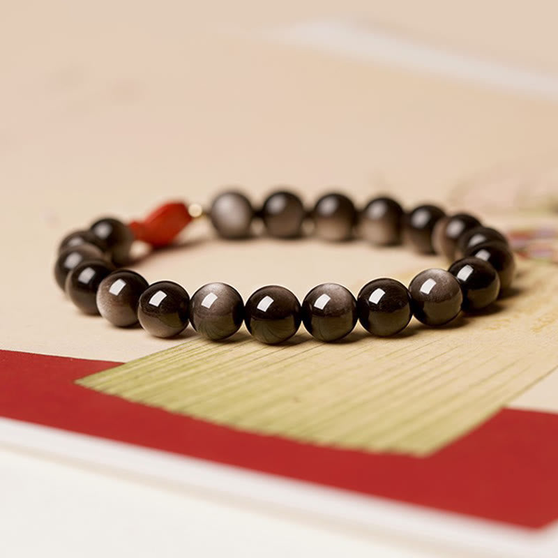 Natural Silver Sheen Obsidian & Cinnabar Koi Fish Beaded Bracelet