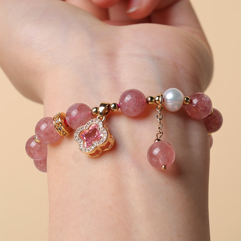 Strawberry Quartz Pearl Four Leaf Clover Charm Healing Bracelet