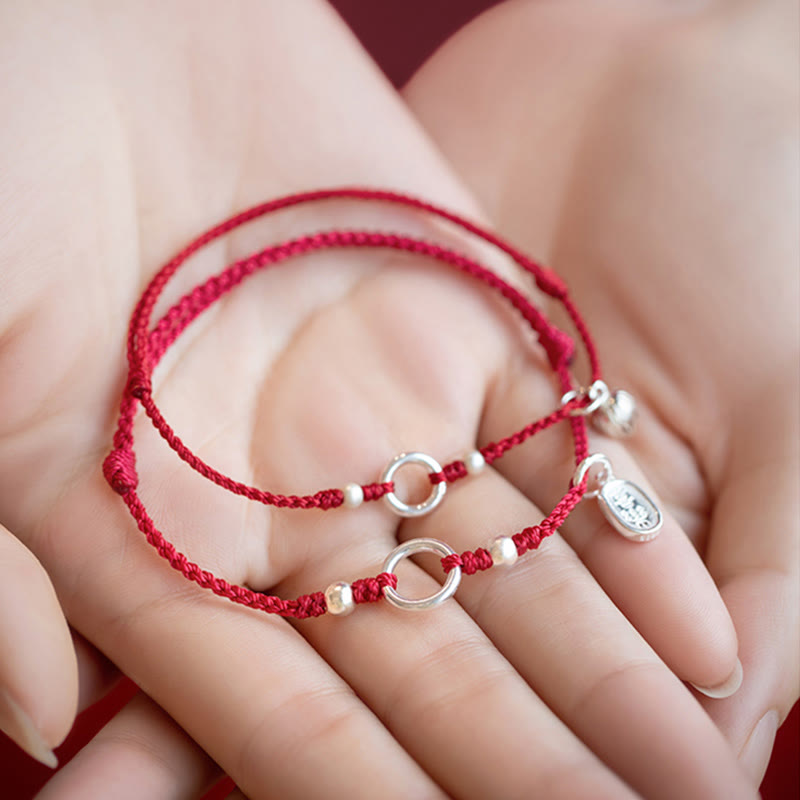 925 Sterling Silver Ping An Kou Lotus Red String Bracelet with Peace and Joy Charms