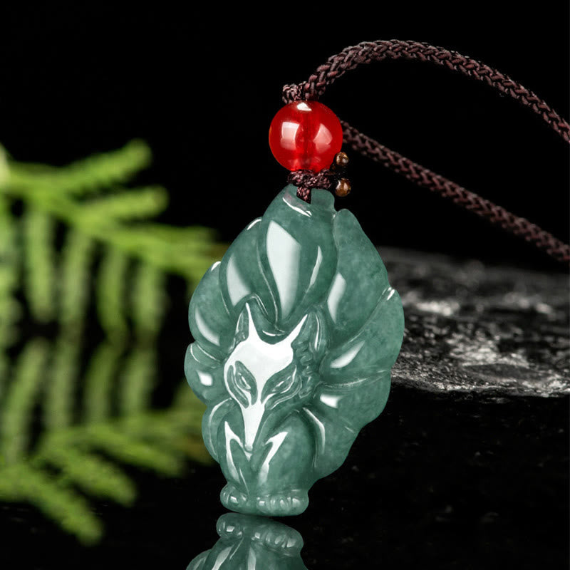 Natural Green Jade Nine Tailed Fox Luck Necklace Pendant