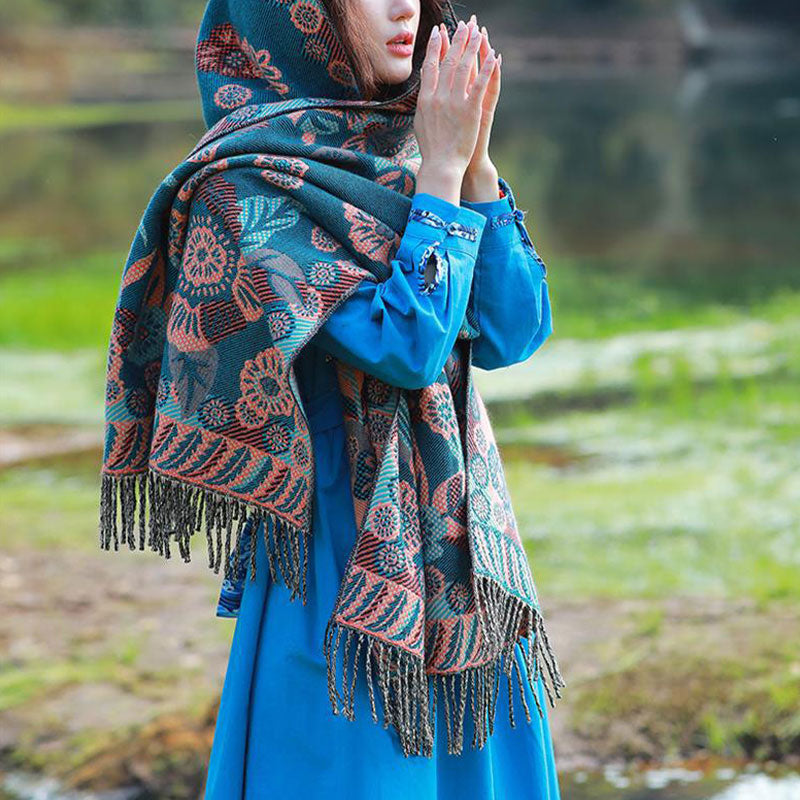 Tibetan Flower Floral Leaves Pattern Design Shawl Cozy Travel Scarf Wrap