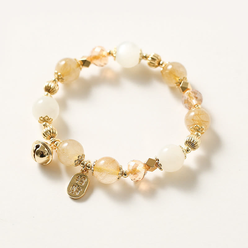 14K Gold Plated Golden Rutilated Quartz Wealth Bell Lucky Fortune Charm Bracelet