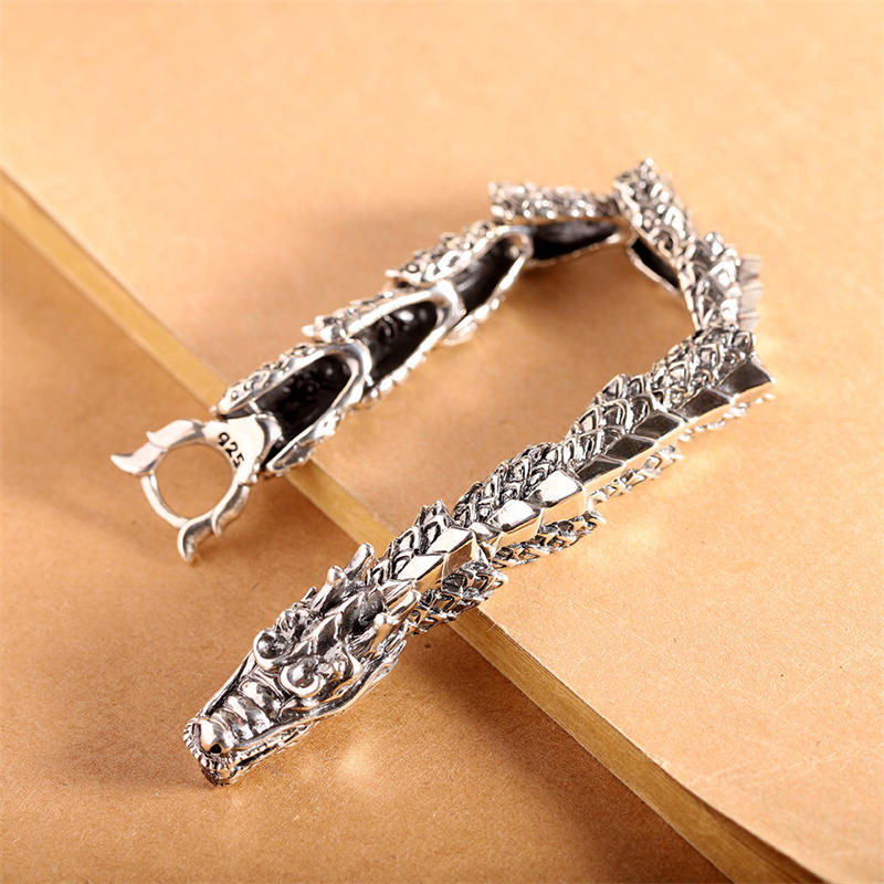 Handcrafted 925 Sterling Silver Dragon Motif Open Bangle Bracelet