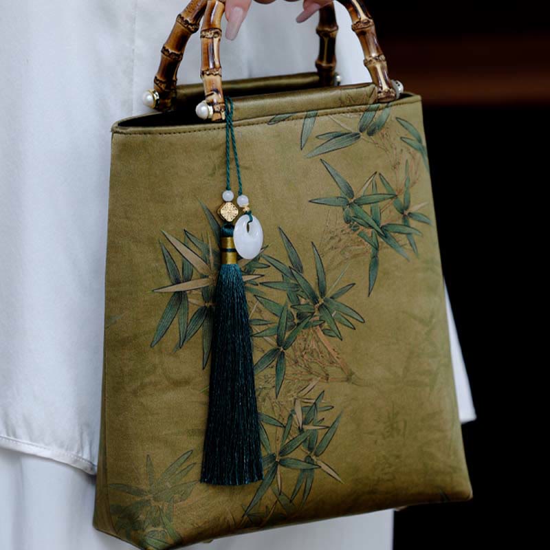 Yellow Green Bamboo Leaves Bamboo Handles Handbag