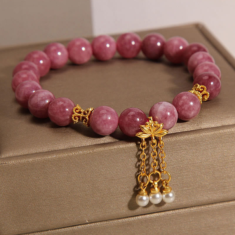 Delicate Pink Tourmaline and Pearl Lotus Flower Beaded Bracelet