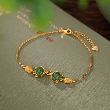 925 Sterling Silver Natural Hetian White Jade Cyan Jade Lovely Fox Luck Bracelet