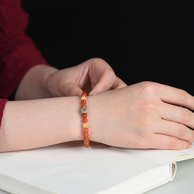 925 Sterling Silver Amber and Red Agate Zodiac Guardian Buddha Beaded Bracelet