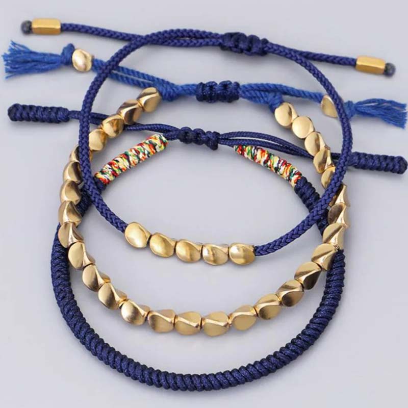 Handmade Tibetan Copper Beads & Endless Knot Woven Bracelet Set - 3 Pieces