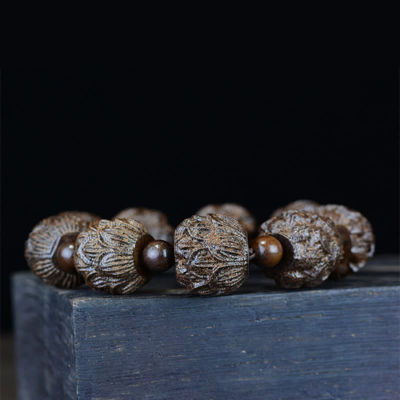 Ebony Wood Eighteen Arhats Lotus Dragon Engraved Balance Bracelet