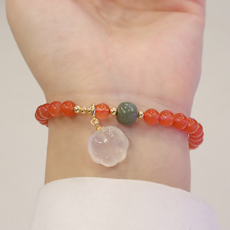 Carved Hetian Jade Cat Paw Red Agate & Chalcedony Gemstone Bracelet