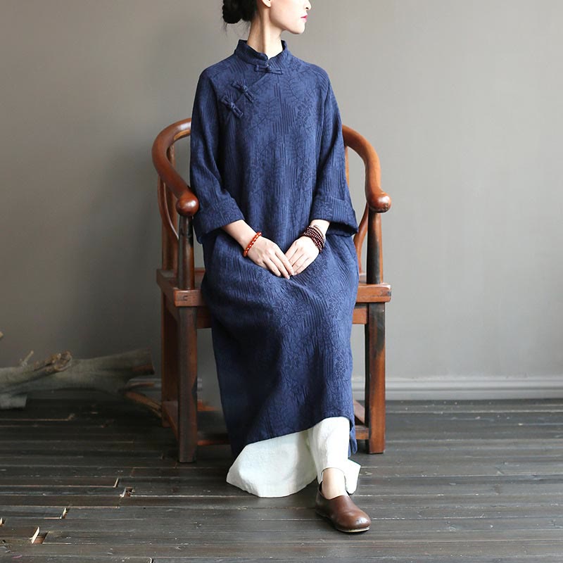 Flower Jacquard Midi Dress Long Sleeve Cotton Linen Dress Wide Leg Pants With Pockets