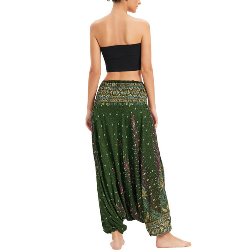Two Style Wear Peacock Feather Loose Smocked Harem Trousers Jumpsuit High Waist Pants