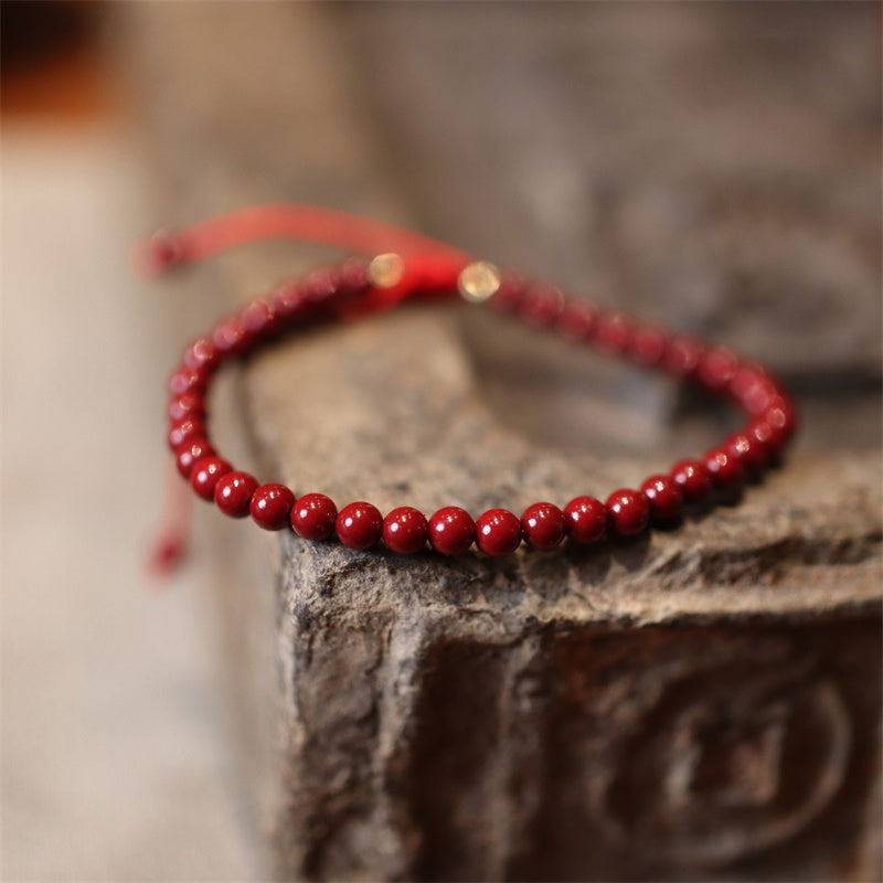 Hand-Braided Red String and Natural Cinnabar Adjustable Bracelet Anklet
