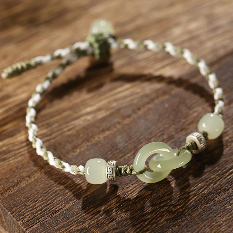 Natural Hetian Jade Ping An Kou Peace Buckle Braided Bracelet