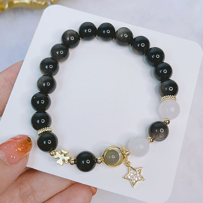 Natural Silver Sheen Obsidian Love Heart Star Flower Protection Bracelet